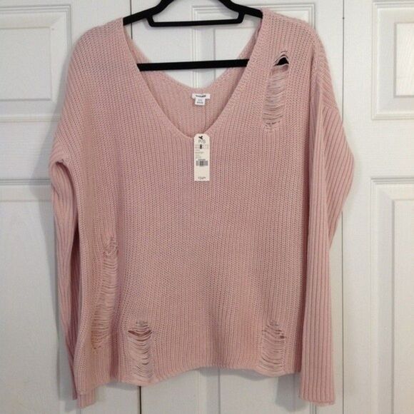 GARAGE NWT Boxy Distressed Slouchy V-Neck Peach Whip Sweater Small Boho Chic - Picture 1 of 11